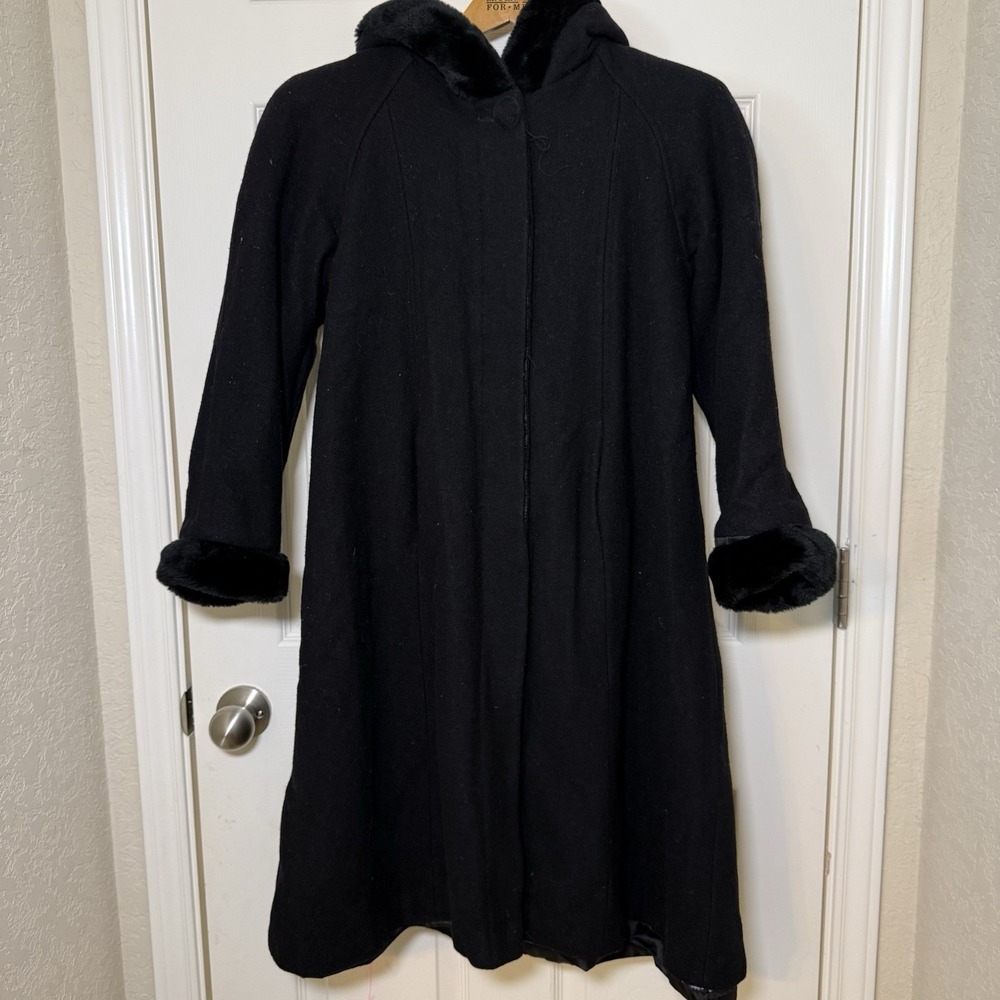 Stephanie Mathews Girls 100% Wool Black Hooded Dress Coat Overcoat - Size 12‎
